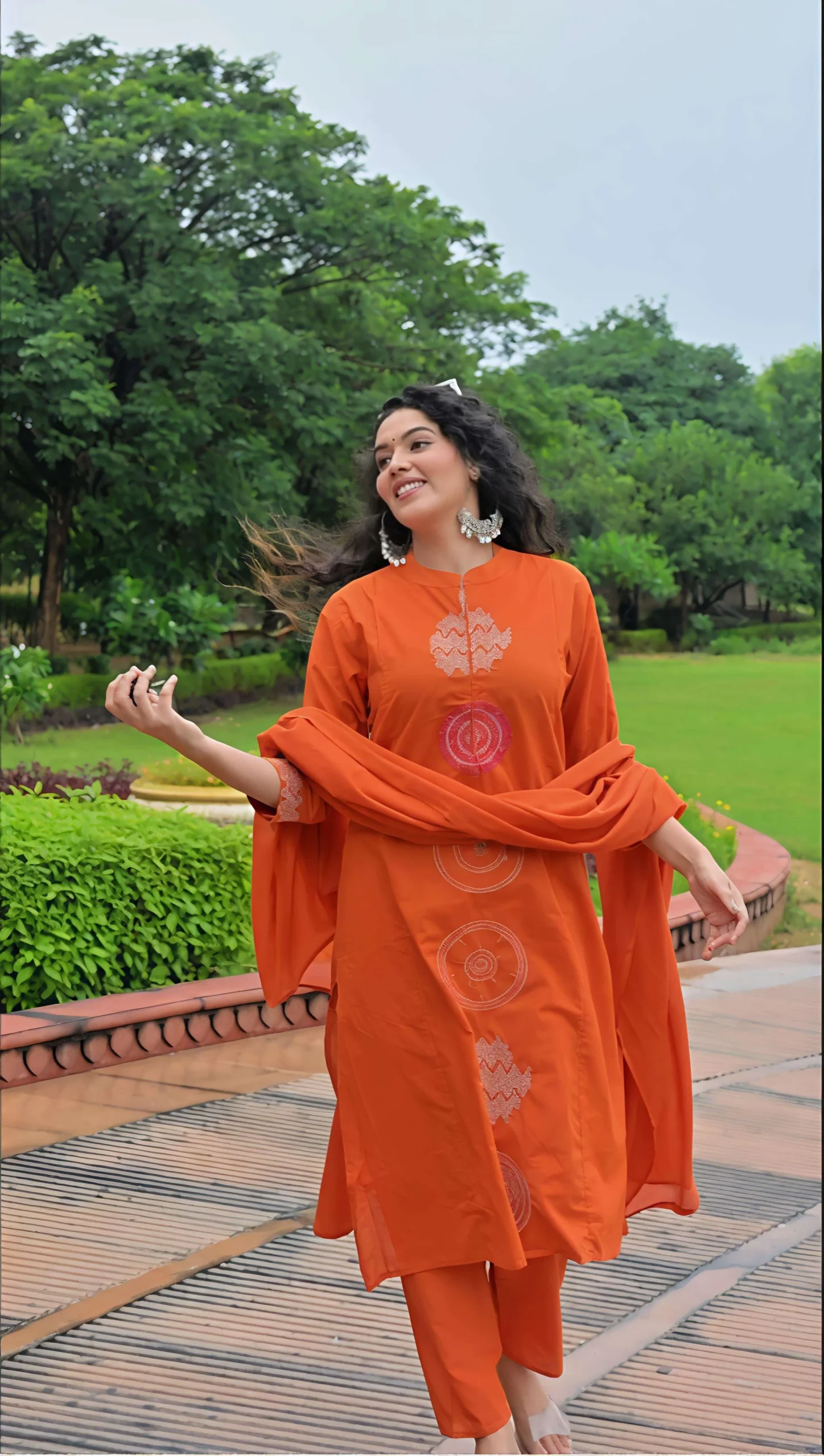 Women orange cotton kurta set